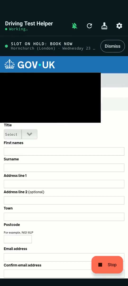 The Android app with its dark console bar reading Slot on hold: book now, naming the test centre and date, with a Dismiss button, above the DVSA booking page.