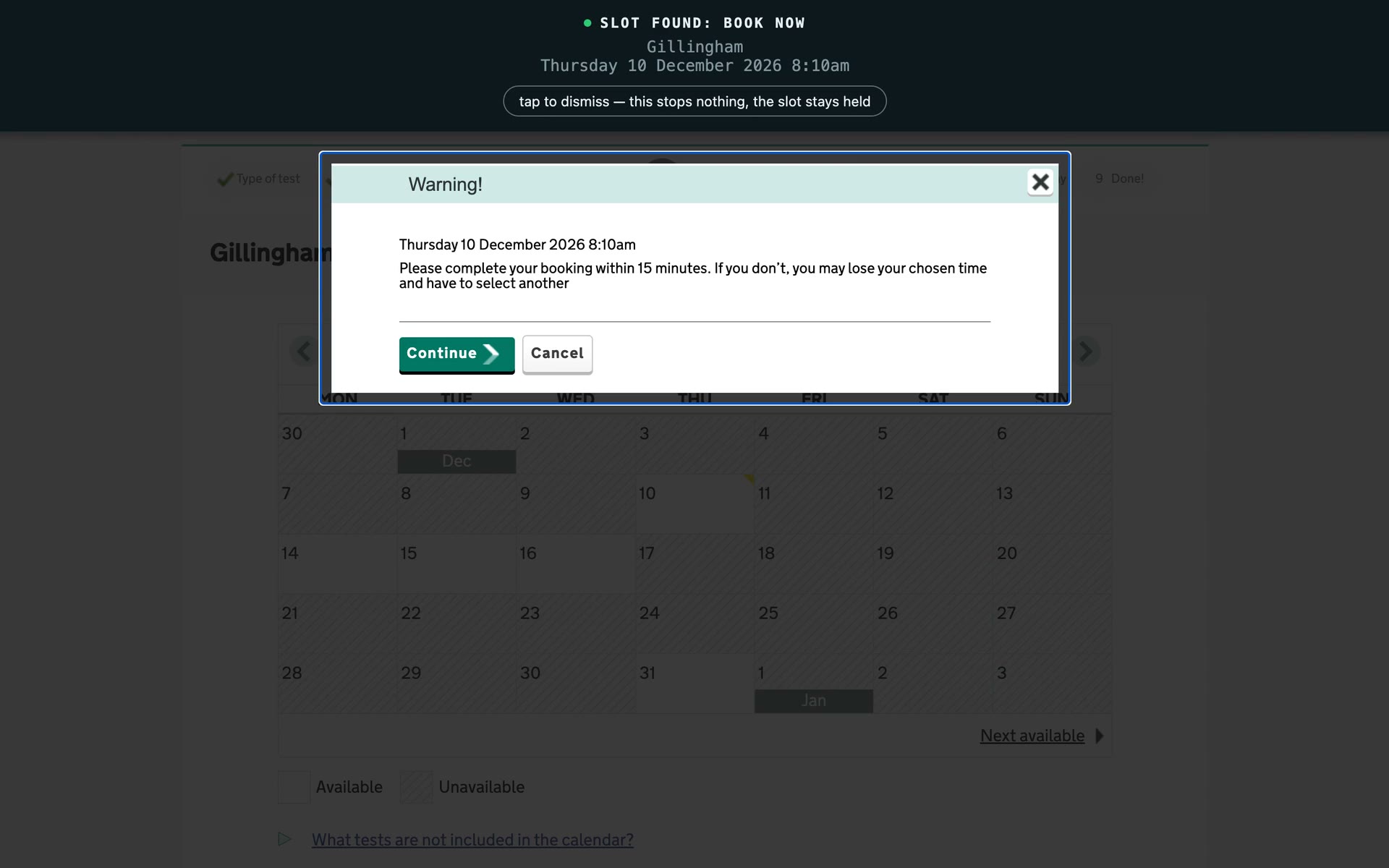 The DVSA booking page with a green Slot on hold bar across the top and the DVSA's own 15 minute warning dialog below it.