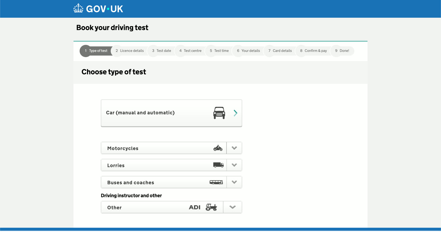 The DVSA booking page in Chrome at the first step, choosing the type of test.