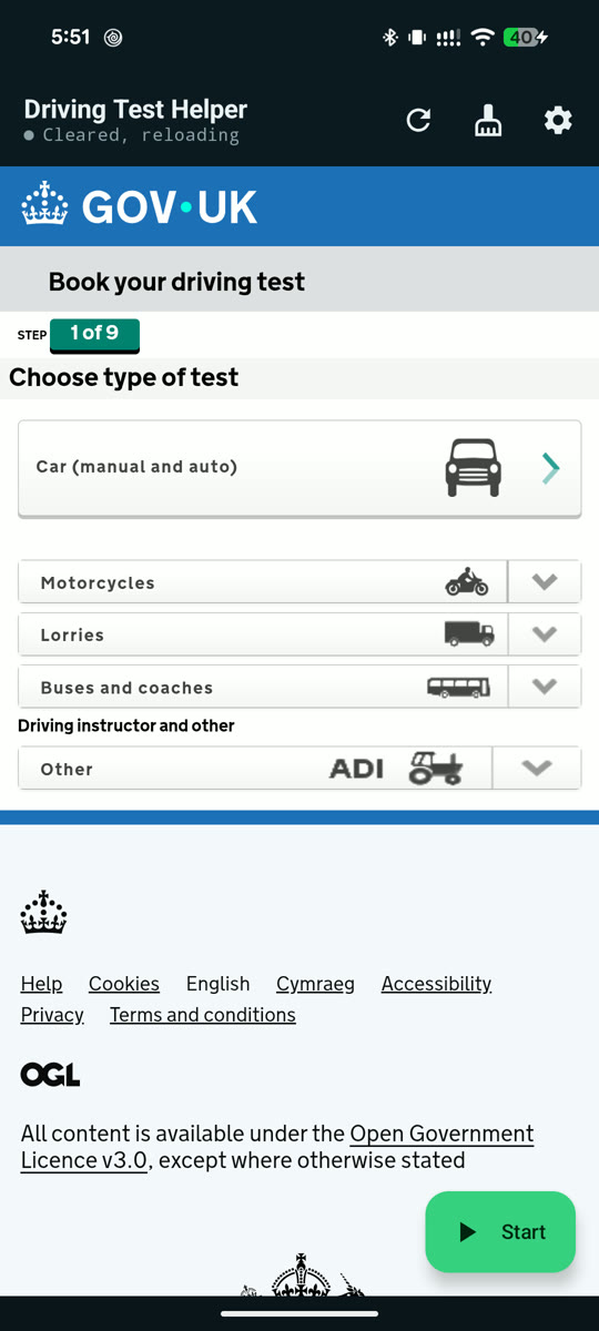 The Driving Test Helper Android app on the DVSA booking page at step 1 of 9, choosing the type of test, with its own header above the page.