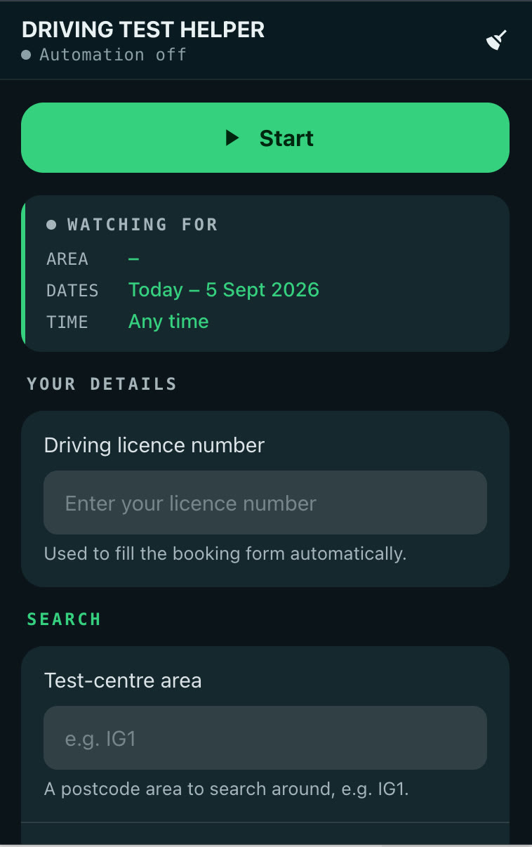 The Driving Test Helper extension panel open over the page: a Start button, the area, dates and time it will watch for, and the licence and test-centre fields.